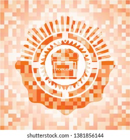 popcorn icon inside abstract emblem, orange mosaic background