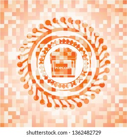 popcorn icon inside abstract orange mosaic emblem