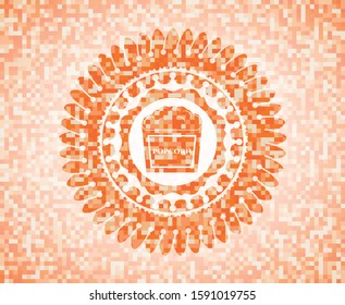 popcorn icon inside abstract orange mosaic emblem