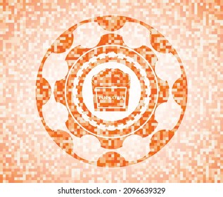 popcorn icon inside abstract orange mosaic emblem with background. 