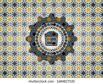 popcorn icon inside arabesque badge background. arabic decoration.