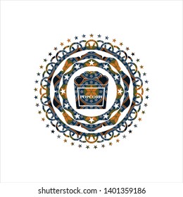 popcorn icon inside arabesque emblem. arabic decoration.