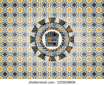 popcorn icon inside arabic badge background. Arabesque decoration.
