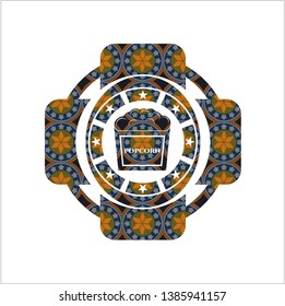 popcorn icon inside arabic badge background. Arabesque decoration.
