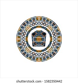 popcorn icon inside arabic badge background. Arabesque decoration.