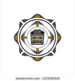 popcorn icon inside arabic badge background. Arabesque decoration. 