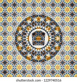popcorn icon inside arabic emblem background. Arabesque decoration.