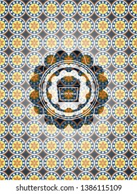 popcorn icon inside arabic emblem background. Arabesque decoration.