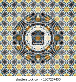popcorn icon inside arabic emblem. Arabesque decoration.