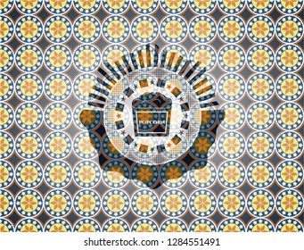 popcorn icon inside arabic style emblem. Arabesque decoration.