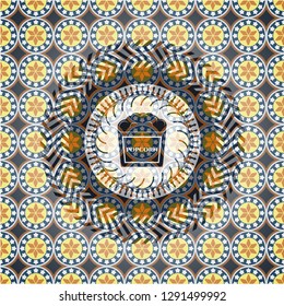 popcorn icon inside arabic style emblem. Arabesque decoration.