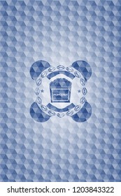 popcorn icon inside blue badge with geometric pattern.