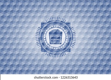 popcorn icon inside blue badge with geometric pattern background.