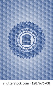 popcorn icon inside blue badge with geometric pattern background.