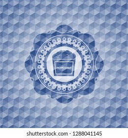 popcorn icon inside blue badge with geometric pattern background.
