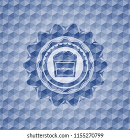 popcorn icon inside blue emblem or badge with abstract geometric polygonal pattern background.