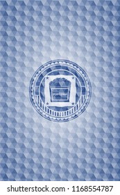 popcorn icon inside blue emblem with geometric pattern.