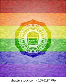 popcorn icon inside emblem on mosaic background with the colors of the LGBT flag