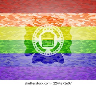 Popcorn-Symbol im Emblem auf Mosaikhintergrund mit den Farben der LGBT-Flagge. 