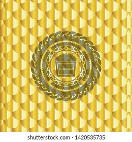 popcorn icon inside gold badge or emblem. Scales pattern. Vector Illustration. Detailed.