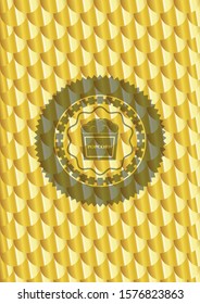popcorn icon inside gold emblem. Scales pattern. Vector Illustration. Detailed.