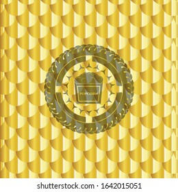 popcorn icon inside gold emblem or badge. Scales pattern. Vector Illustration. Detailed.