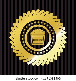 ícono de palomitas de maíz dentro del emblema de oro o placa