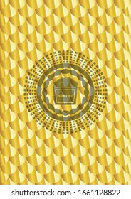 popcorn icon inside gold shiny emblem. Scales pattern. Vector Illustration. Detailed.