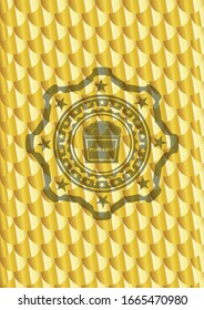 ícono de palomitas dentro de una insignia dorada brillante. Patrón de escalas. Ilustración vectorial. Detallado.