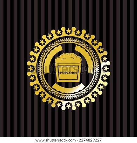 popcorn icon inside golden badge. 