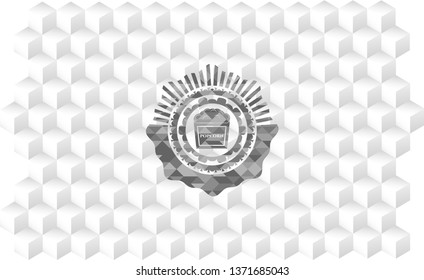 popcorn icon inside grey badge with geometric cube white background