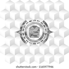 popcorn icon inside grey emblem. Vintage with geometric cube white background