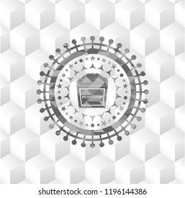 popcorn icon inside grey emblem. Vintage with geometric cube white background