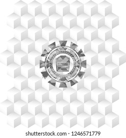 popcorn icon inside grey emblem. Vintage with geometric cube white background