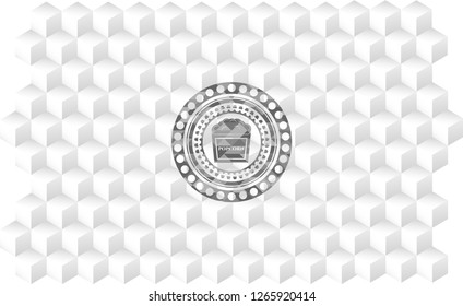 popcorn icon inside grey icon or emblem with geometric cube white background