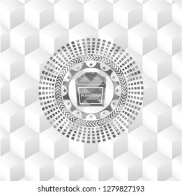 popcorn icon inside grey emblem with geometric cube white background