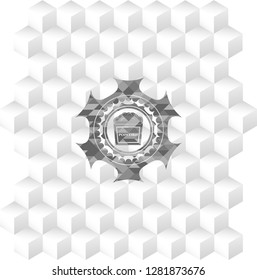 popcorn icon inside grey emblem. Vintage with geometric cube white background