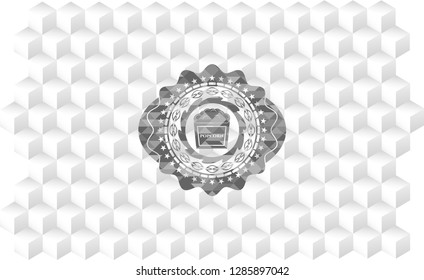 popcorn icon inside grey emblem with geometric cube white background