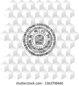 popcorn icon inside grey emblem. Retro with geometric cube white background