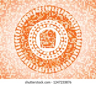 popcorn icon inside orange tile background illustration. Square geometric mosaic seamless pattern with emblem inside.