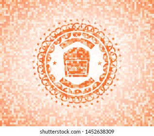 popcorn icon inside orange tile background illustration. Square geometric mosaic seamless pattern with emblem inside.