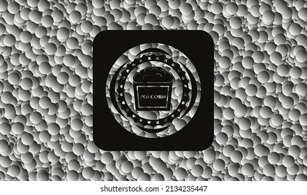 popcorn icon inside realistic black emblem with grey bubbles background. Vector Illustration. Detailed. 