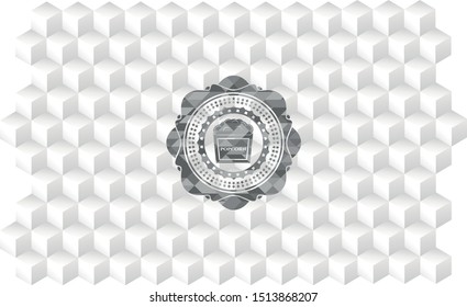 popcorn icon inside realistic grey emblem with geometric cube white background