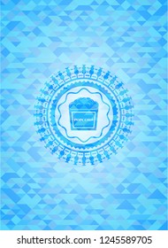 popcorn icon inside realistic light blue emblem. Mosaic background