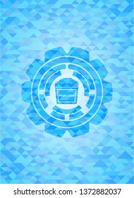popcorn icon inside realistic light blue emblem. Mosaic background