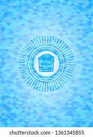 popcorn icon inside realistic sky blue emblem. Mosaic background