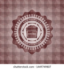 popcorn icon inside red badge with geometric pattern background. Seamless.