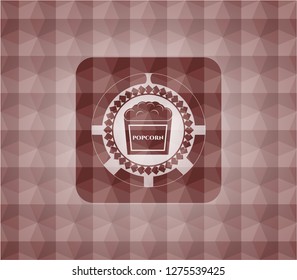 popcorn icon inside red emblem with geometric pattern background. Seamless.