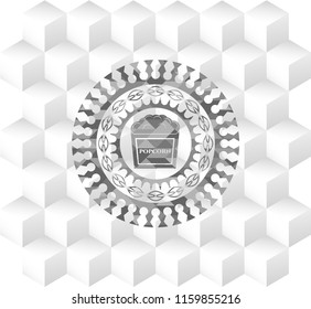 popcorn icon inside retro style grey emblem with geometric cube white background
