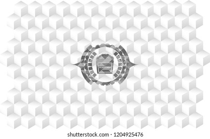 popcorn icon inside retro style grey emblem with geometric cube white background